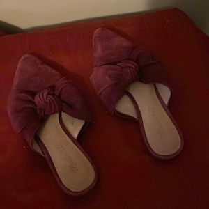 Burgundy, maroon suede, flat mule, size 6 bow on top